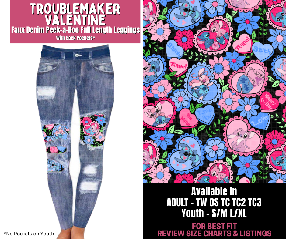 Preorder! Closes 11/10. ETA Jan. Troublemaker Valentine Full Length Faux Denim Peekaboo