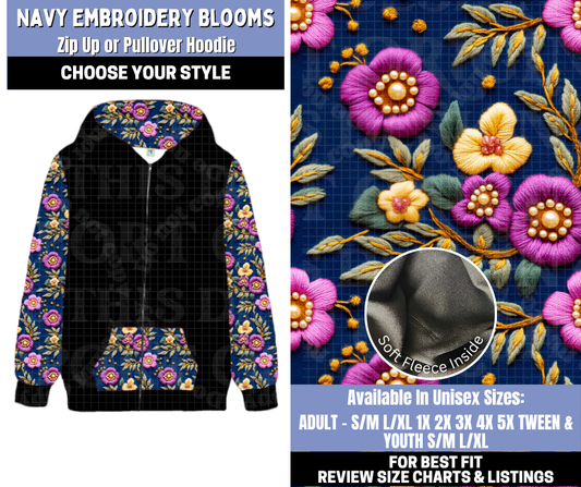 Preorder! Closes 10/30. ETA Jan. Navy Embroidery Blooms Zip-Up or Pullover Hoodie
