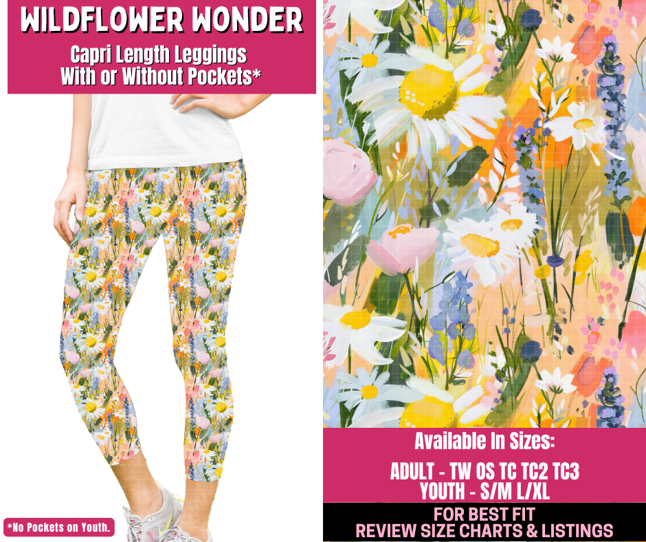 Preorder! Closes 12/31. ETA March. Wildflower Wonder Full Length Capri Length Leggings w/wo Pockets