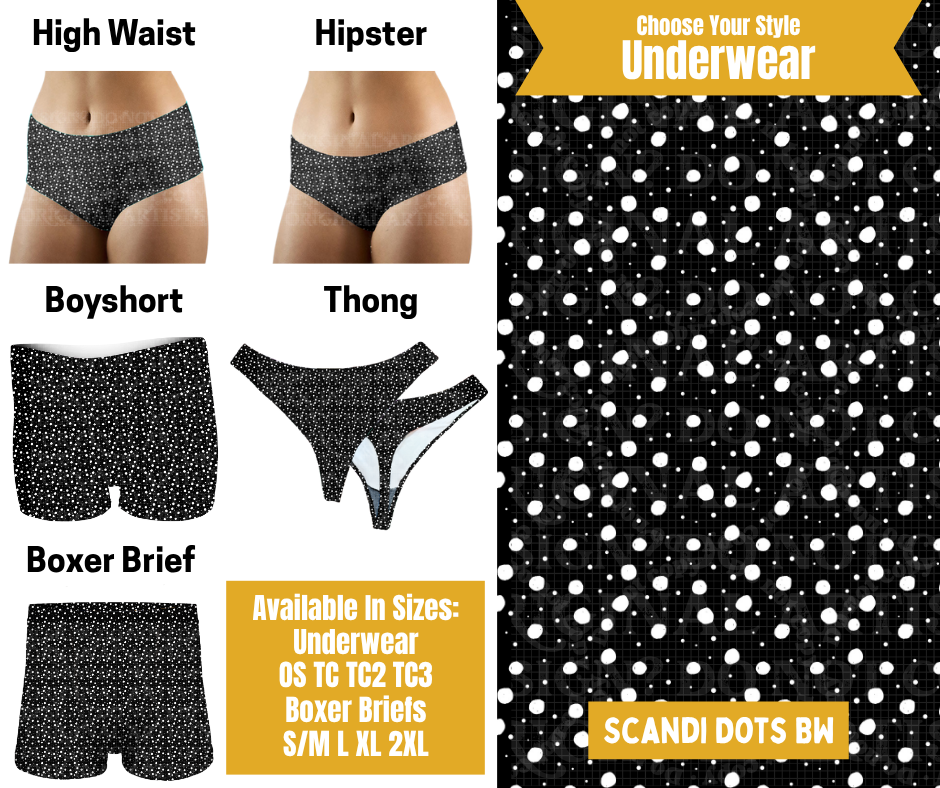 Preorder! Closes 10/28. ETA Jan. Scandi Dots BW Hipster, High Waist, Boyshort, & Thong Underwear & Boxer Briefs
