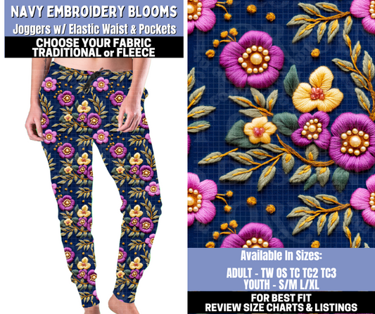 Preorder! Closes 10/30. ETA Jan. Navy Embroidery Blooms Joggers Choose Fleece or Traditional