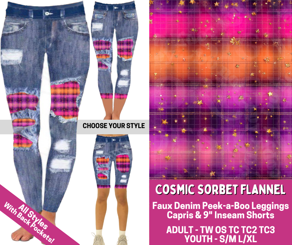 Preorder! Closes 6/18. ETA Sept. Cosmic Sorbet Flannel Combo Faux Denim Peekaboo Legging Lengths