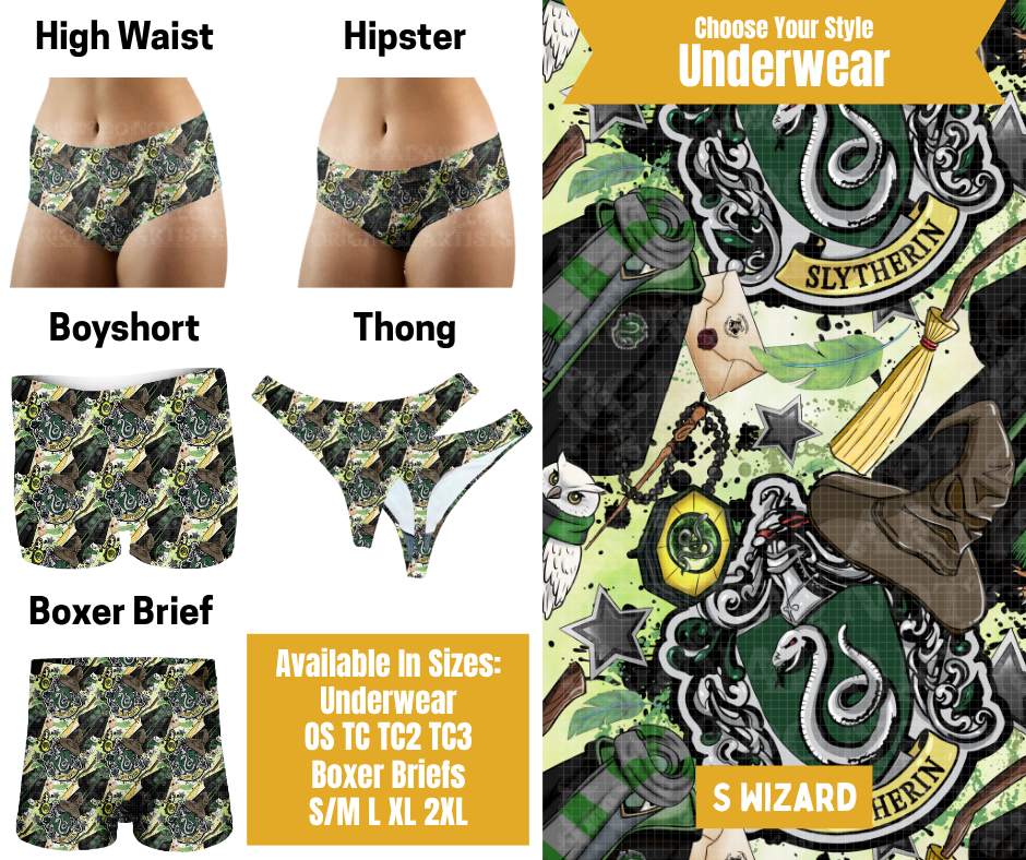 Preorder! Closes 10/28. ETA Jan. S Wizard Hipster, High Waist, Boyshort, & Thong Underwear & Boxer Briefs