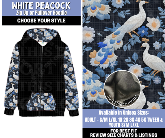 Preorder! Closes 10/30. ETA Jan. White Peacock Zip-Up or Pullover Hoodie