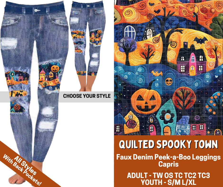Preorder! Closes 7/13. ETA Oct. Quilted Spooky Town Combo Faux Denim Peekaboo Legging Lengths