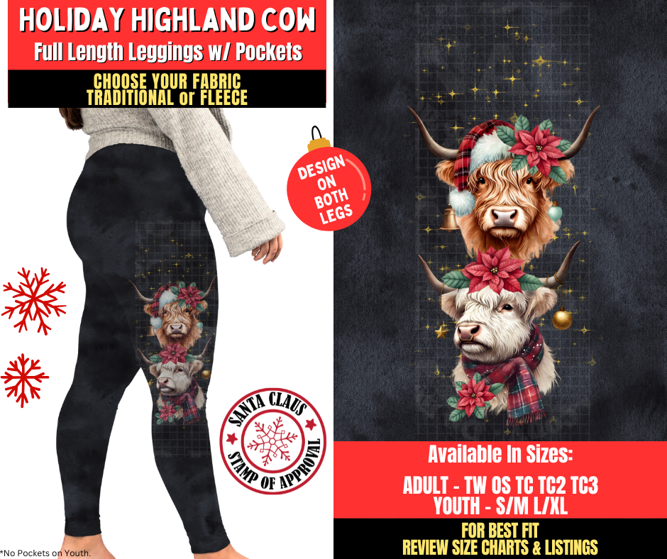 Preorder! Closes 8/27. ETA Nov. Holiday Highland Cow Watercolor Leggings w/ Side Leg Designs Choose Fleece or Traditional