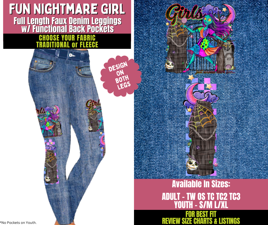 Preorder! Closes 11/5. ETA Jan. Fun Nightmare Girl Faux Denim Leggings w/ Side Leg Designs Choose Fleece or Traditional