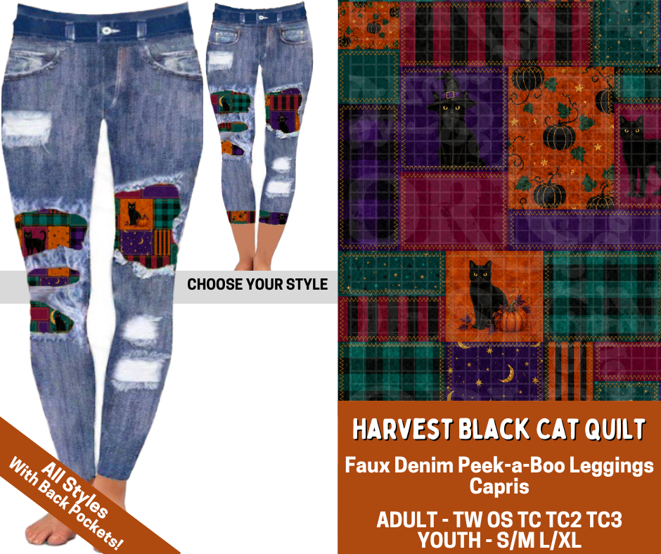 Preorder! Closes 7/13. ETA Oct. Harvest Black Cat Quilt Combo Faux Denim Peekaboo Legging Lengths