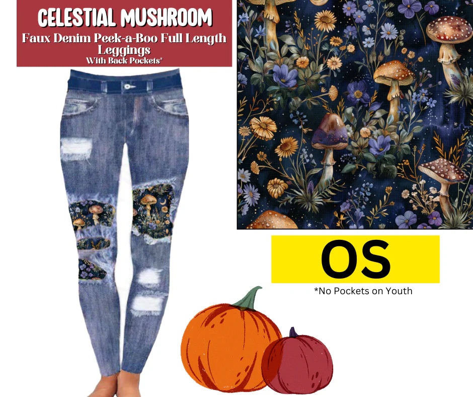 Celestial Mushroom Faux Denim Full Length Peekaboo Leggings