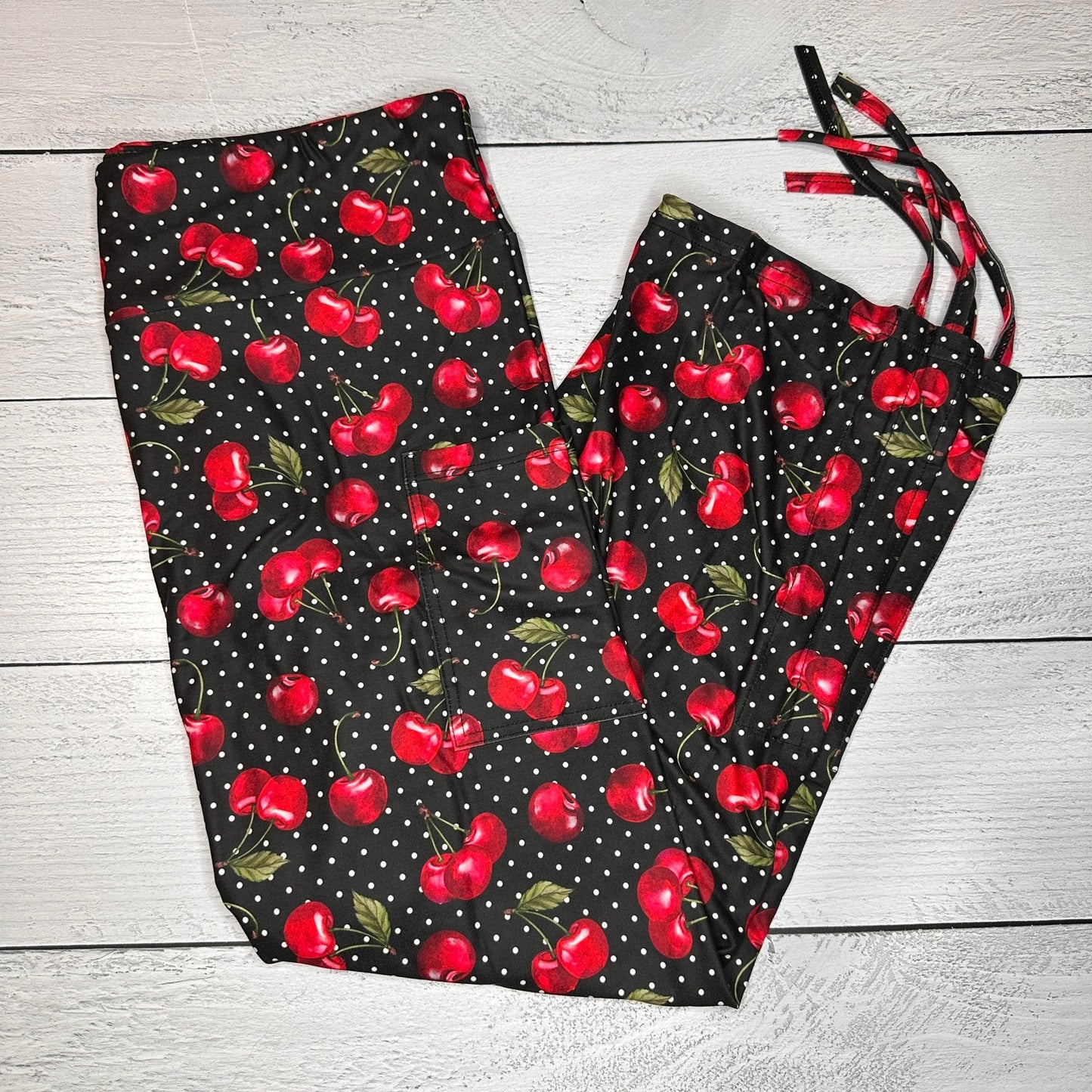 Cherries Ruched Cuff Capris with Side Pockets
