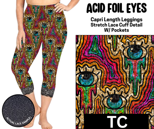 Acid Foil Eyes Lace Cuff Capris w/ Pockets