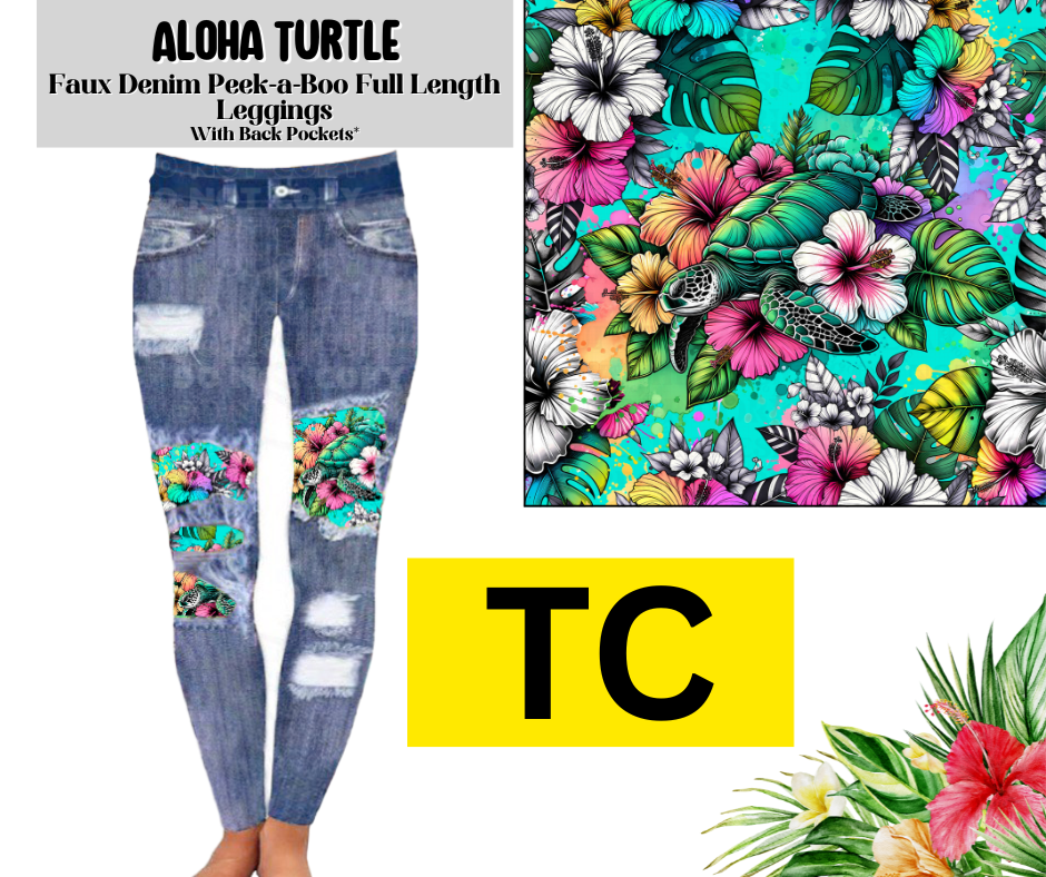 Aloha Turtle Faux Denim Full Length Peekaboo Leggings