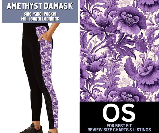 Amethyst Damask Side Panel Pocket Full Length Leggings
