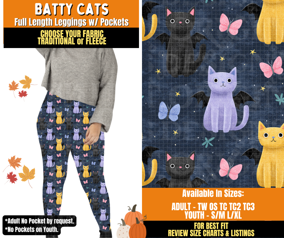 Preorder! Closes 7/16. ETA Oct. Batty Cats Leggings Choose Fleece or Traditional