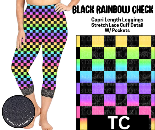 Black Rainbow Check Lace Cuff Capris w/ Pockets