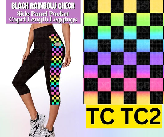 Black Rainbow Check Panel Pocket Capri Length Leggings