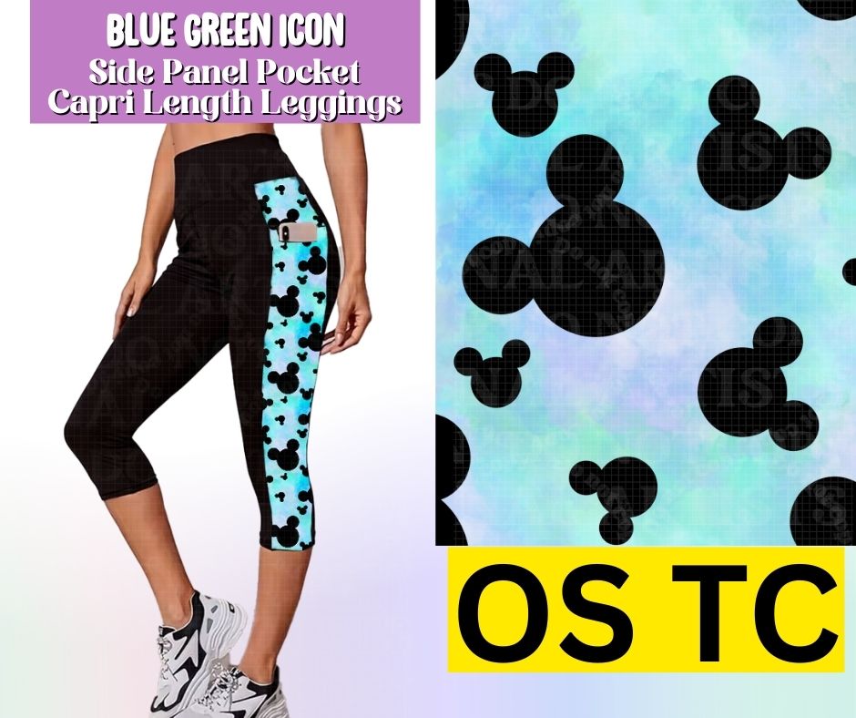 Blue Green Icon Side Panel Pocket Capri Length Leggings
