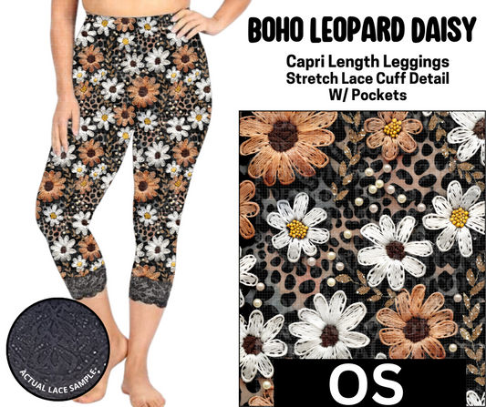 Boho Leopard Daisy Lace Cuff Capris w/ Pockets