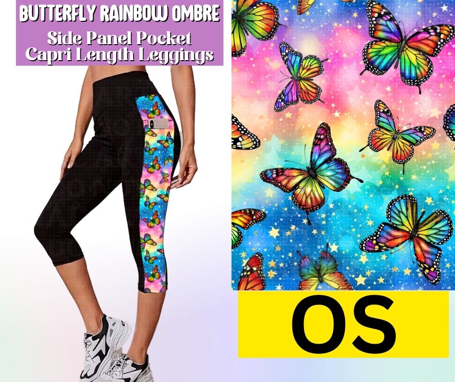 Butterfly Rainbow Ombre Side Panel Pocket Capri Length Leggings