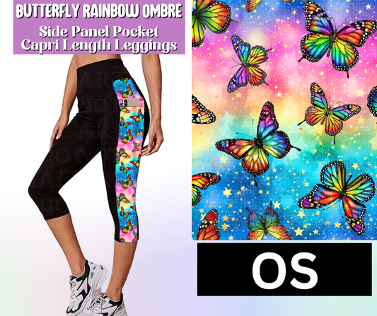 Butterfly Rainbow Ombre Side Panel Pocket Capri Length Leggings