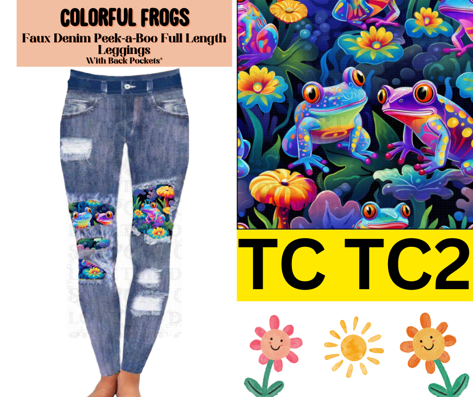 Colorful Frogs Faux Denim Full Length Peekaboo Leggings