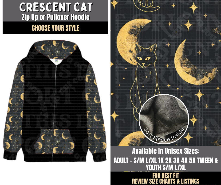 Preorder! Closes 8/3. ETA Nov. Crescent Cat Zip-Up or Pullover Hoodie