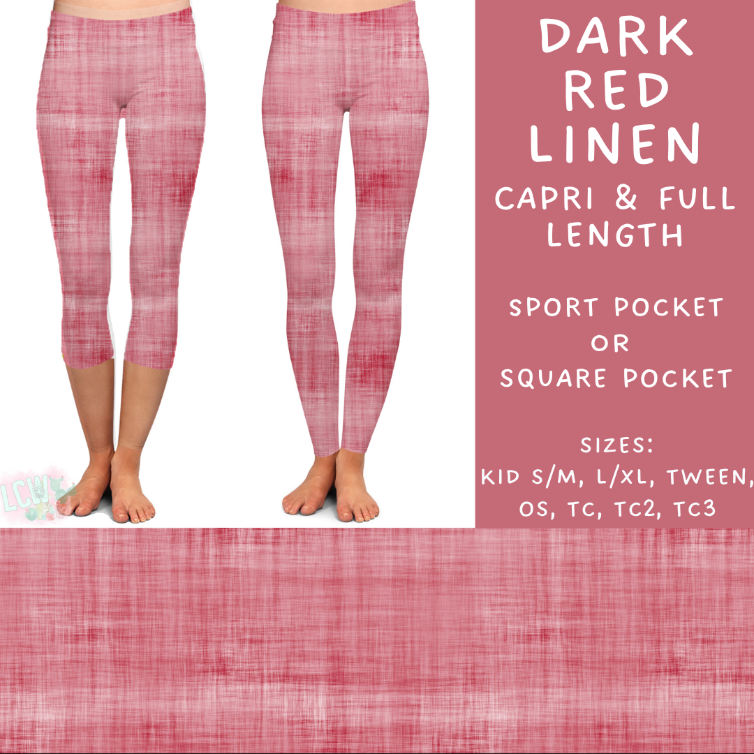 Ready To Ship - Dark Red Linen Capri Length Leggings - TC Square Pockets