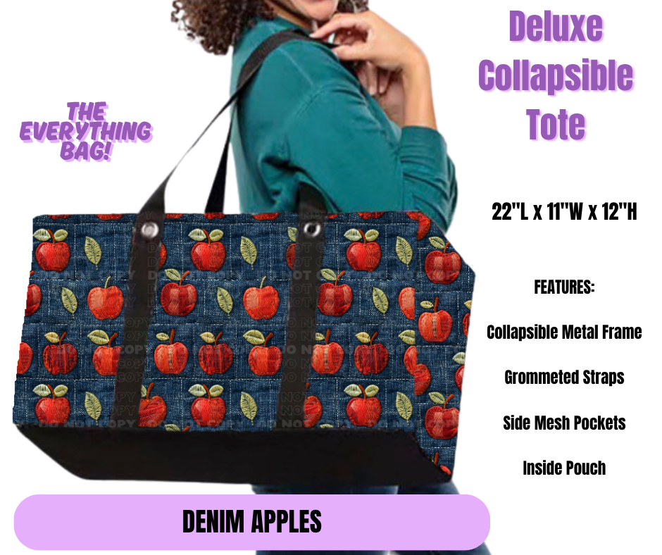 Denim Apples Collapsible Tote
