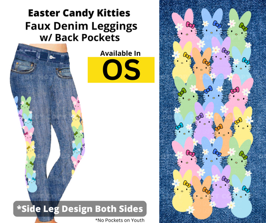 Easter Candy Kitties Full Length Faux Denim w/ Side Leg Designs
