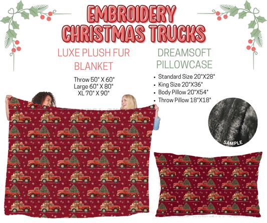 Preorder! Closes 9/3. ETA Dec. Embroidery Christmas Trucks Luxe Plush Fur Blanket and/or DreamSoft Pillowcase