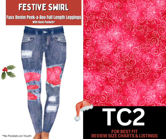 Festive Swirl Faux Denim Full Length Peekaboo Leggings