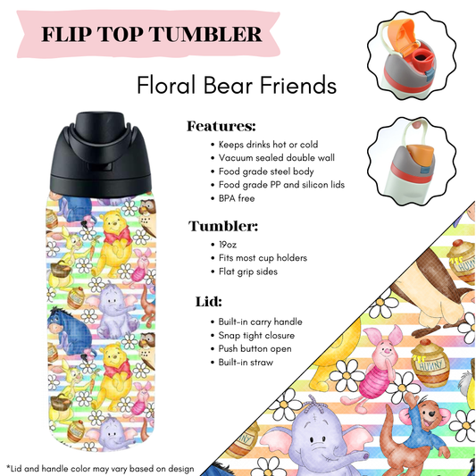 Floral Bear Friends Flip Top Tumbler
