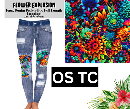 Flower Explosion Faux Denim Full Length Peekaboo Leggings