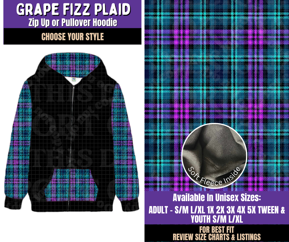 Preorder! Closes 8/5. ETA Nov. Grape Fizz Plaid Zip-Up or Pullover Hoodie