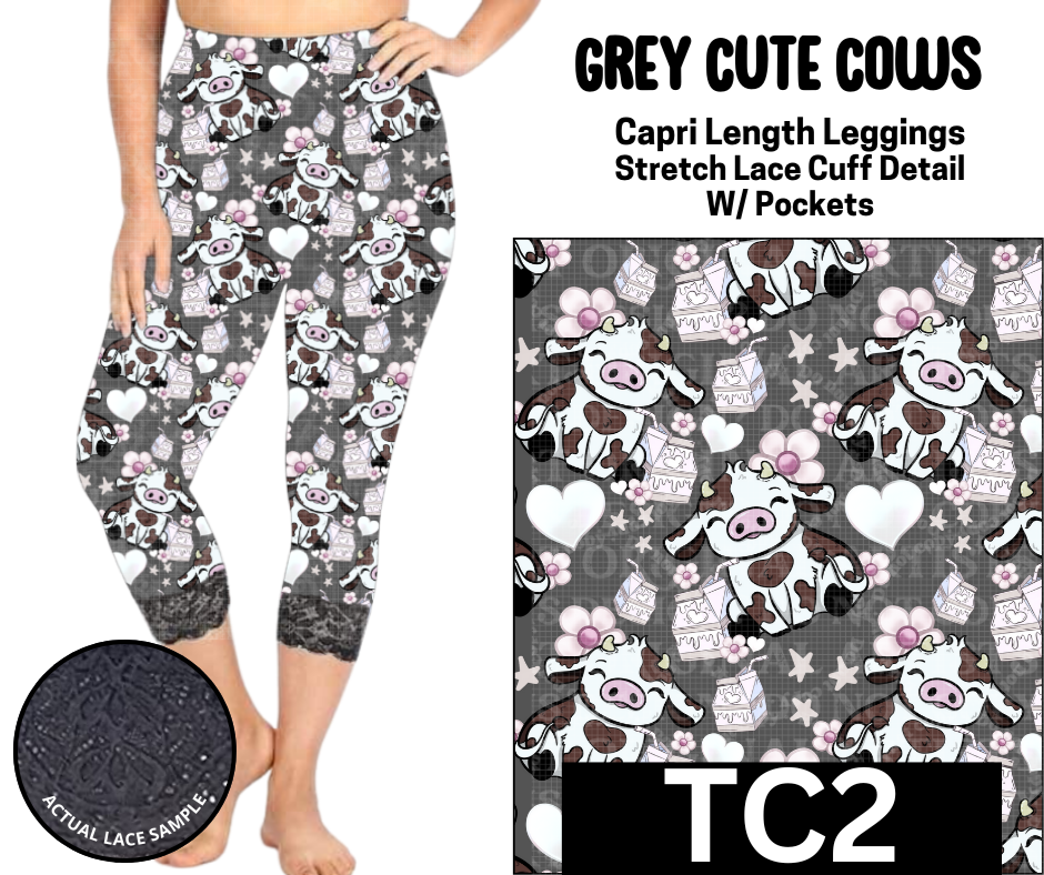 Grey Cute Cows Lace Cuff Capris w/ Pockets