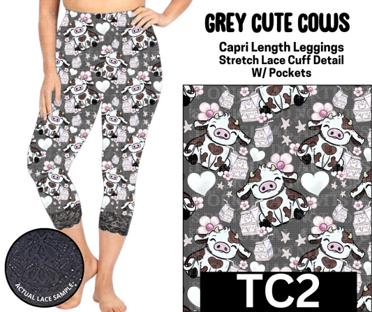 Grey Cute Cows Lace Cuff Capris w/ Pockets