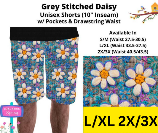 Grey Stitched Daisy Unisex Shorts