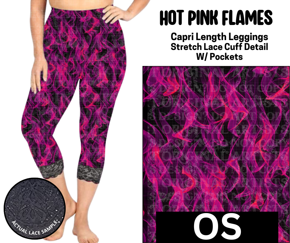 Hot Pink Flames Lace Cuff Capris w/ Pockets
