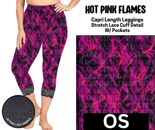 Hot Pink Flames Lace Cuff Capris w/ Pockets