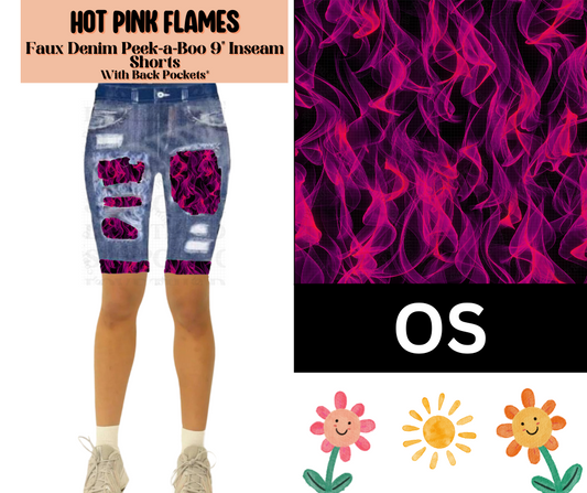 Hot Pink Flames Faux Denim Jamaica Shorts