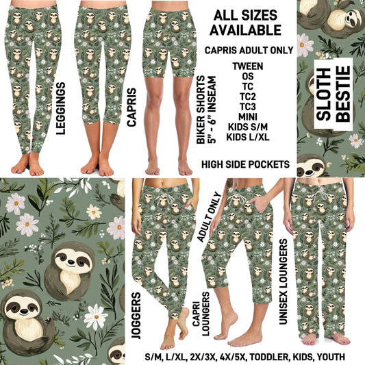 263BT - Sloth Bestie Biker/Capris/Leggings with High Side Pockets - Preorder ETA: Late Oct