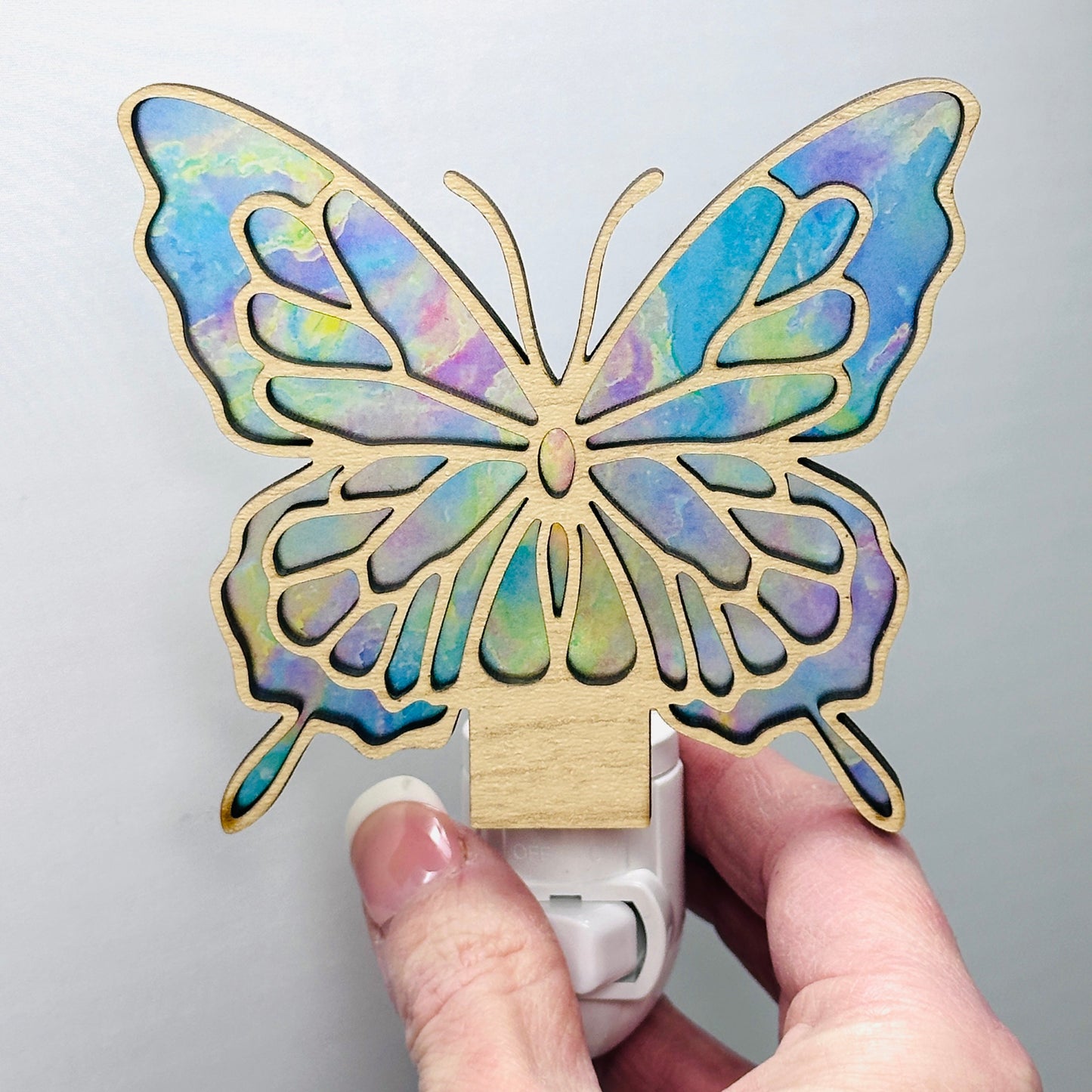Butterfly Handmade Night Light Iridescent Subtle Color Soft Glow LED Decorative Lighting Fixture Sustainable Wood Acrylic Flex Material Unique Design