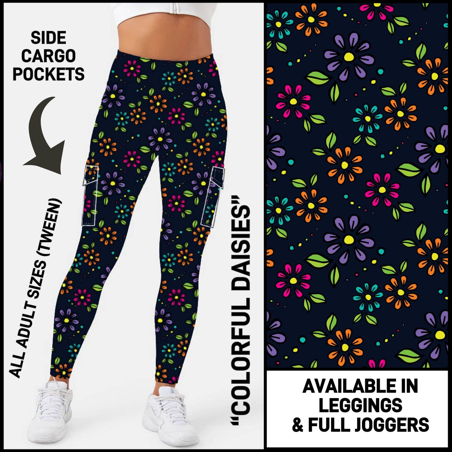 C5GO - Colorful Daisies Leggings/Unisex Joggers with Cargo Pockets - Preorder ETA: Late Dec