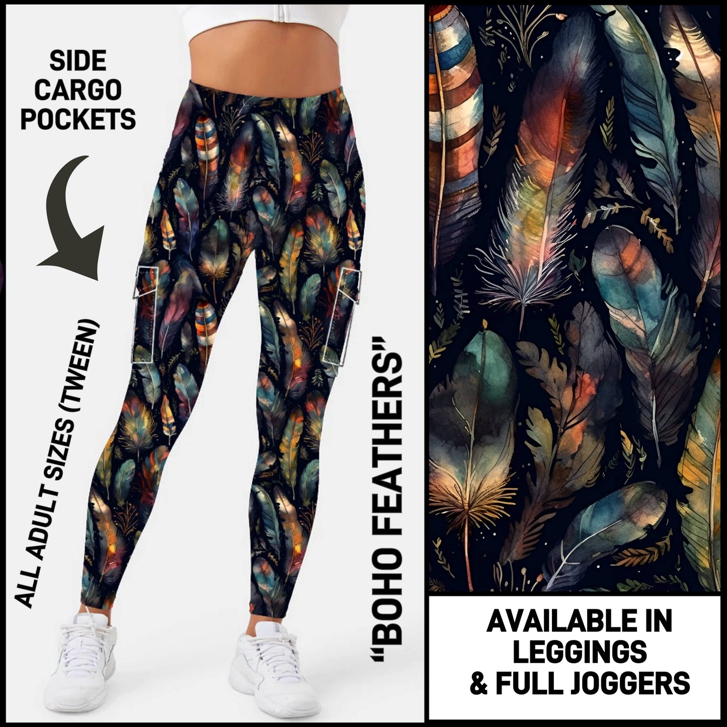 C5GO - Boho Feathers Leggings/Unisex Joggers with Cargo Pockets - Preorder ETA: Late Dec