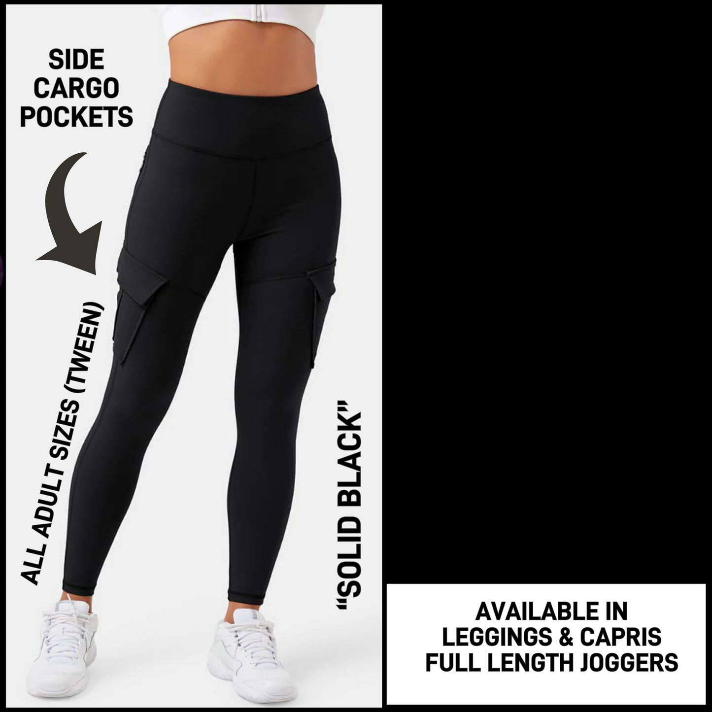 CP3B - Solid Black Capris/Leggings/Unisex Joggers with Cargo Pockets - Preorder Closing 5/31 ETA: Early July