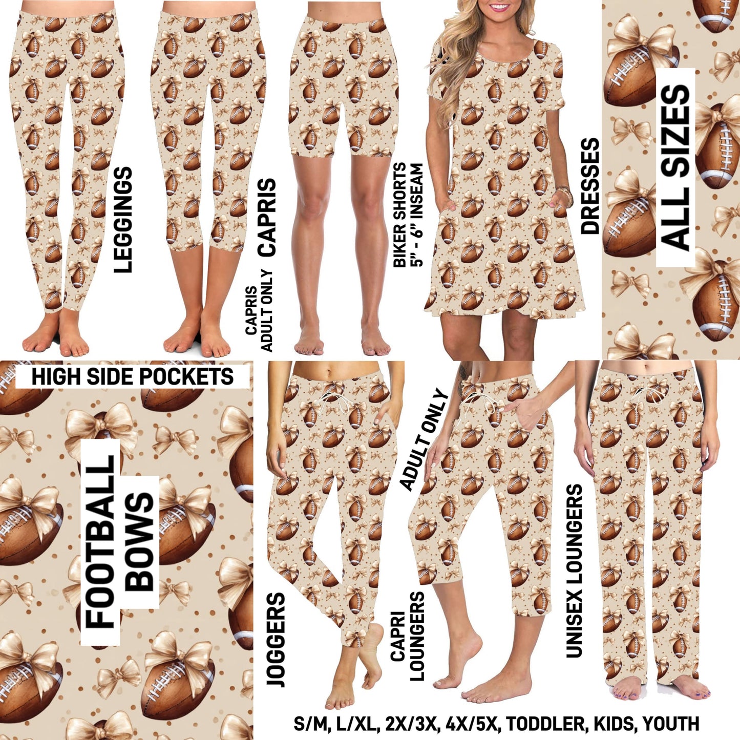TG25 - Football Bows Biker/Capris/Leggings with High Side Pockets - Preorder ETA: Late Oct