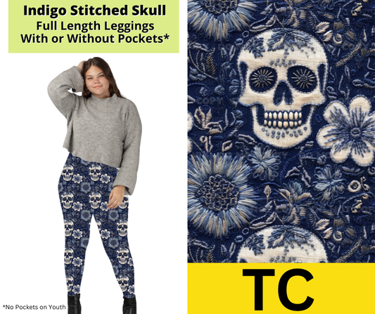 Indigo Stitched Skull Full Length Leggings w/ Pockets