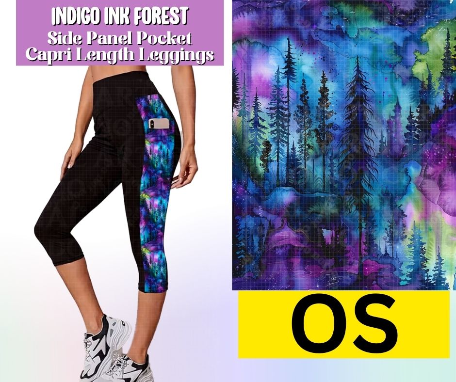 Indigo Ink Forest Side Panel Pocket Capri Length Leggings