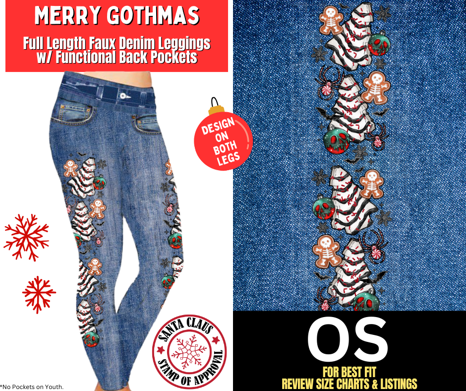Merry Gothmas Faux Denim Fleece Leggings W/ Side Leg Designs
