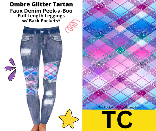 Ombre Glitter Tartan Faux Denim Full Length Peekaboo Leggings